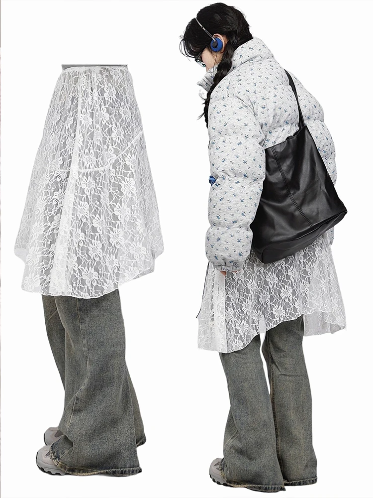

Lace Half Skirt Women's New 2026 Irregular Mesh Overlap Skirt Curtain Korean Style Commute mid Waist Pure Color Midi Skirt