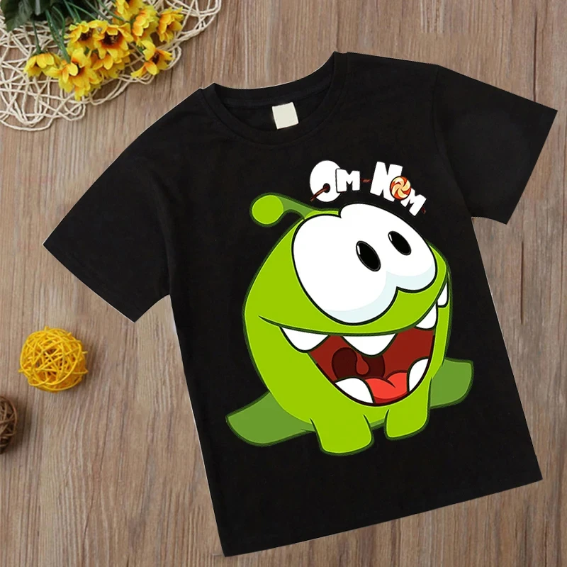 Camiseta de juego de moda Om Nom, camiseta de verano con cuello redondo, camisetas con cortar la cuerda para bebés, niños, camisetas informales de dibujos animados, ropa de rana para niñas