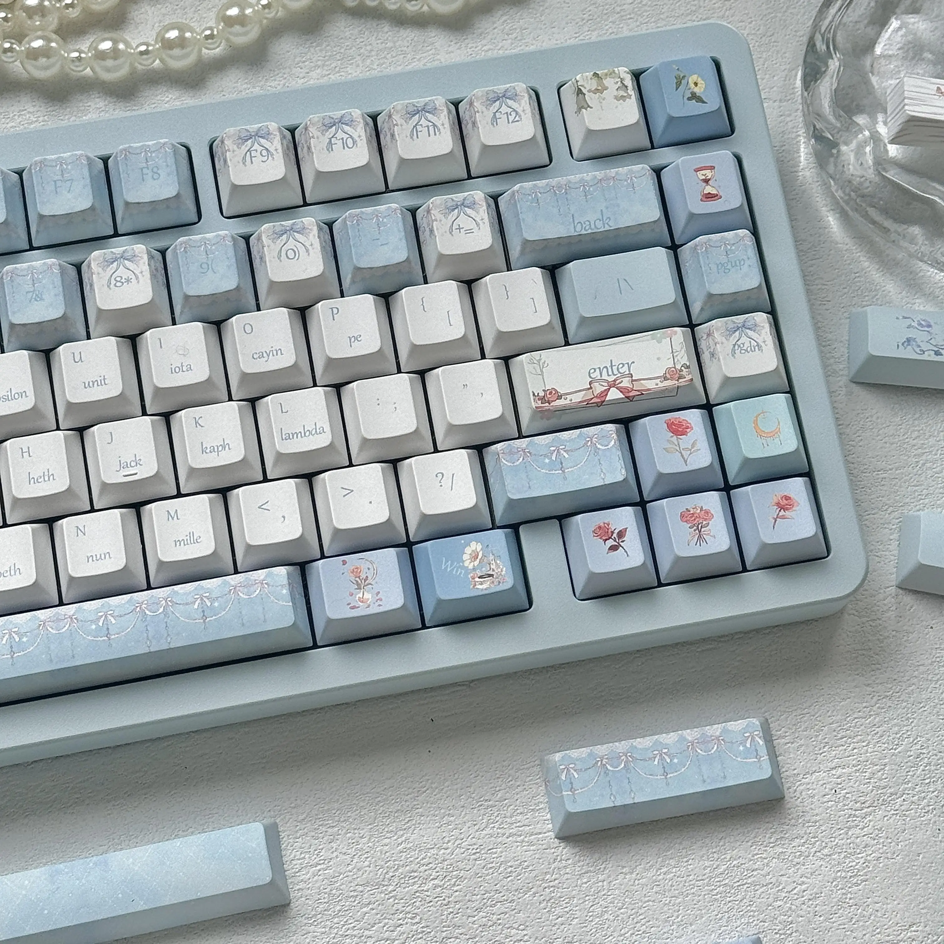 Blue White Keycap Romantic Flower Sweet Talk Theme Cherry Profile PBT Keycaps for Mechanical Keyboard French Bow Element Key Cap