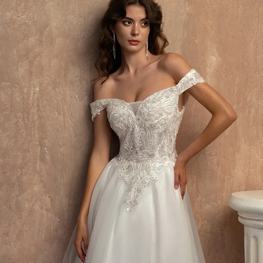 Robe de mariée A-ligne en dentelle blanche avec paillettes et perles, magnifique robe de mariée, hors de l'initiative, longueur au sol