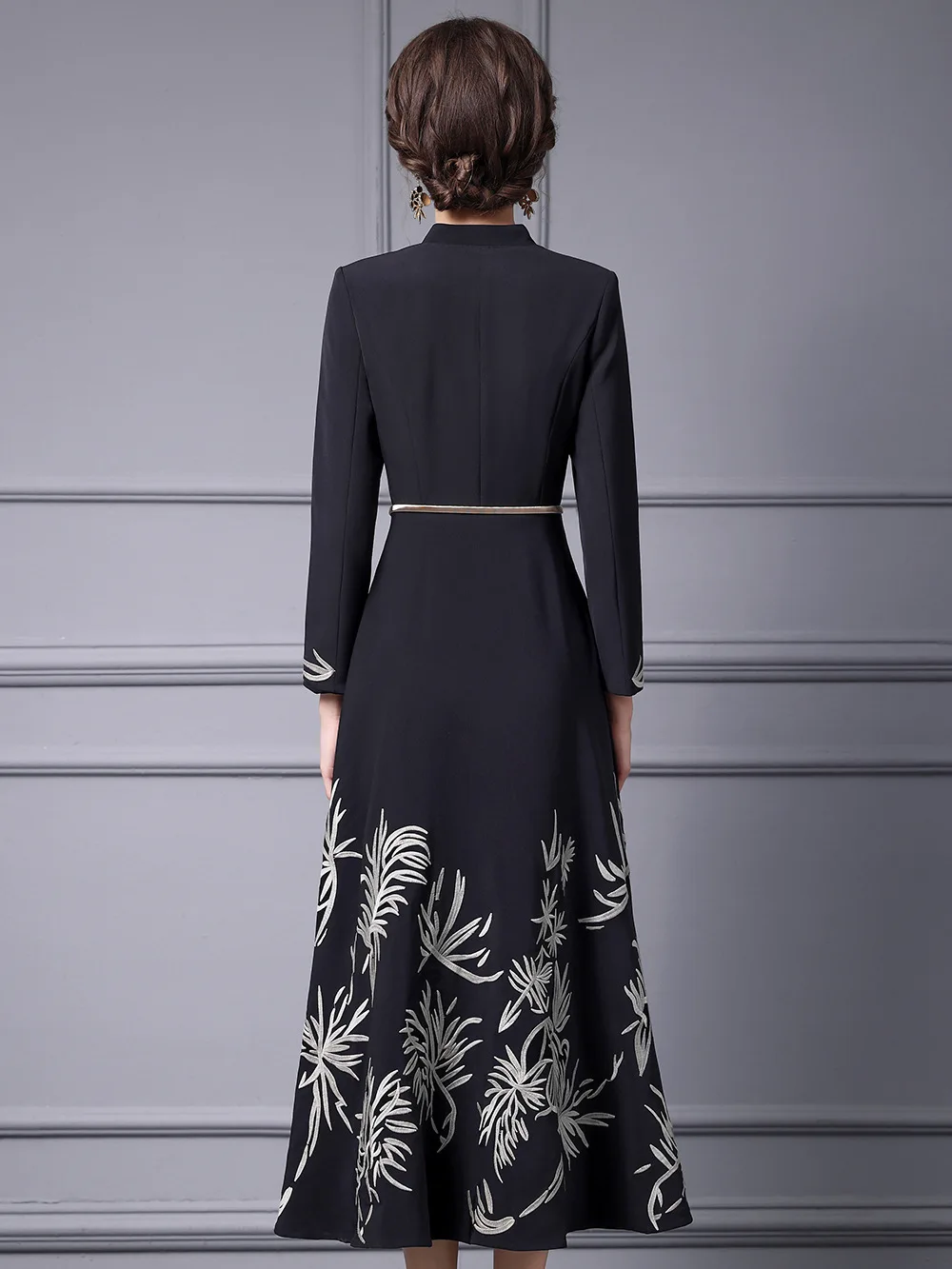 ZJYT Women's Vintage Embroidery Long Dresses Spring 2025 New Designer Full Sleeve Black Evening Prom Dress with Belt Vestidos