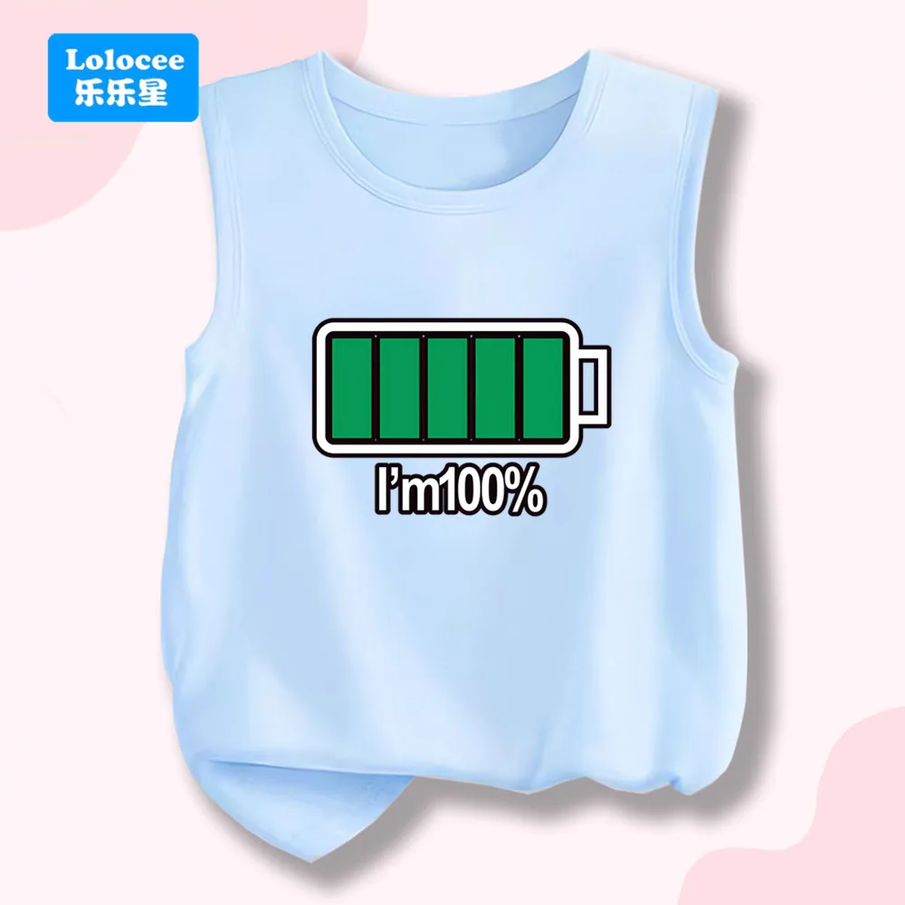 irls Tank Top Cartoon Battery Print Kids Sleeveless Cotton Vest Summer Casual Undershirt Tee