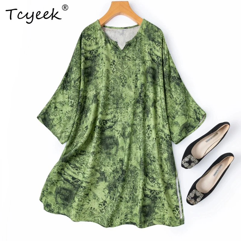

Tcyeek 55% Real Silk Women Tops 2026 Spring Summer Green Artistic Print Batwing Sleeve Casual Shirt Female Clothes Ropa De Mujer