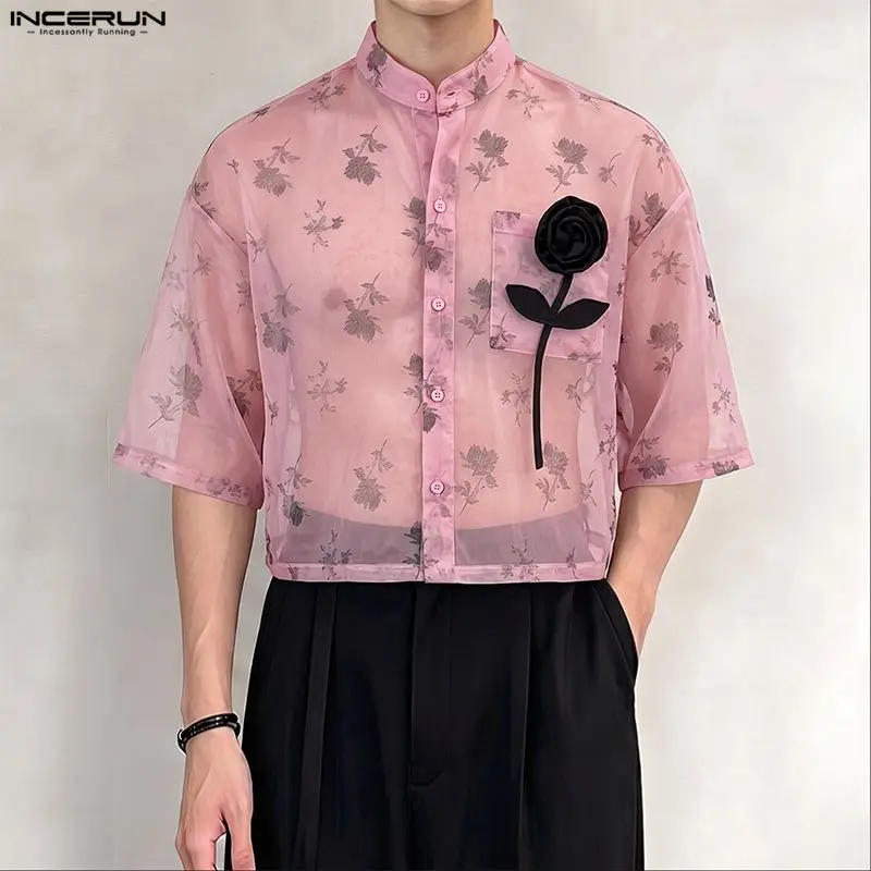 INCERUN Men's Shirt Printing Flower Lapel Short Sleeve Mesh See Through Men Clothes Streetwear 2026 Loose Fashion Tops For Man