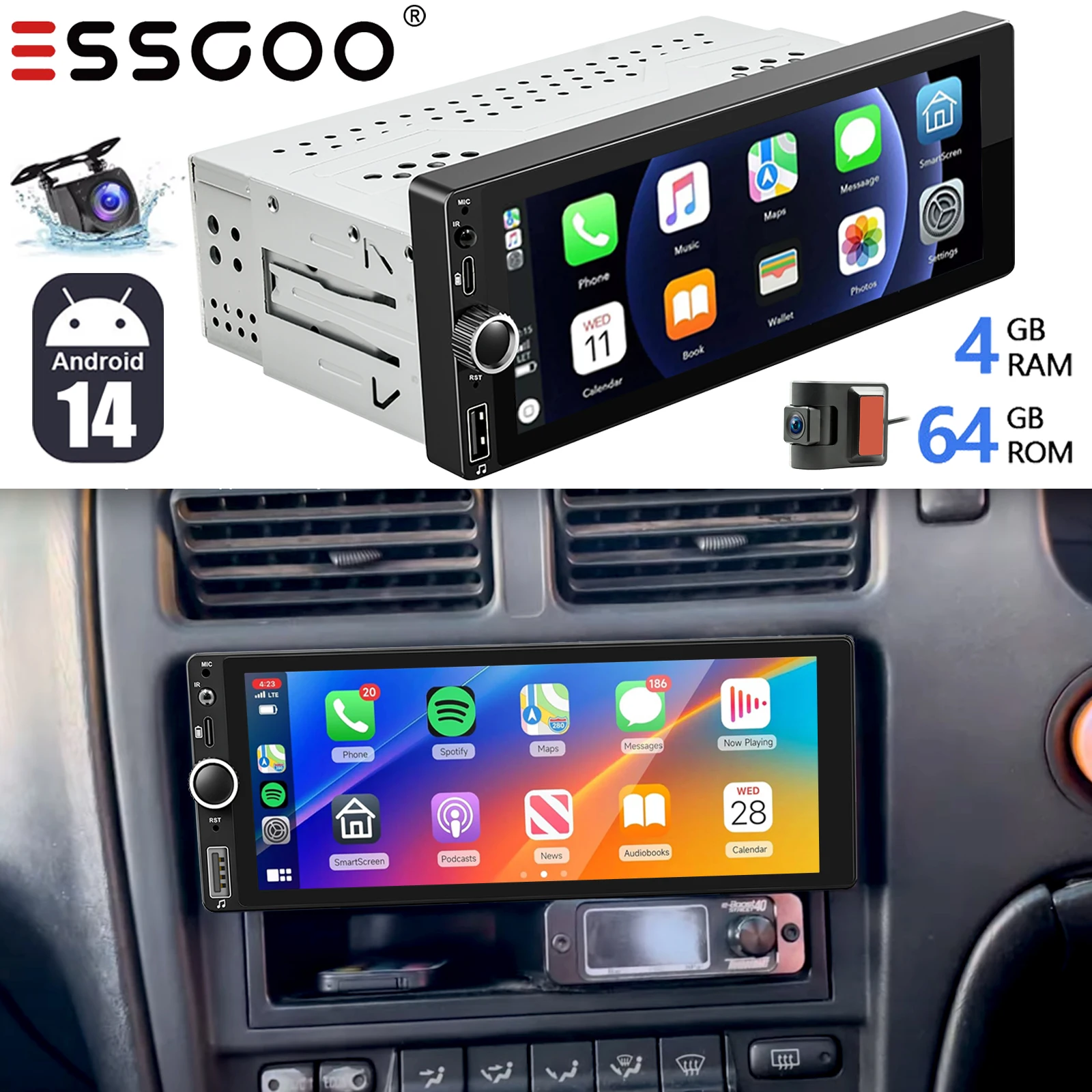 

4G+64G Single 1Din 6.86" Car Stereo Android 14 Carplay WIFI BluetoothHead Unit Touch Screen USB GPS Navigation SWC FM+DVR&Camera