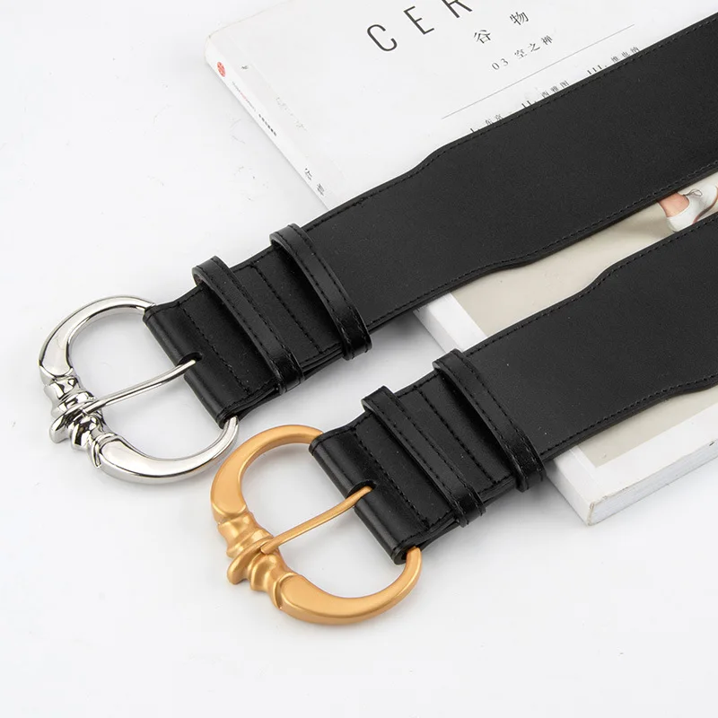 Corsetto da donna in vera pelle nera con fibbia in oro argento Cintura da smoking femminile Cappotto Cintura larga Decration J1452