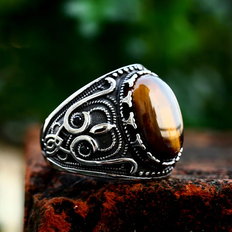 BEIER Vintage Man Boy Oval Tiger Eye Brown Stones Ring in Stainless Steel Jewelry Mens Accessories Anel Aneis BR8-699