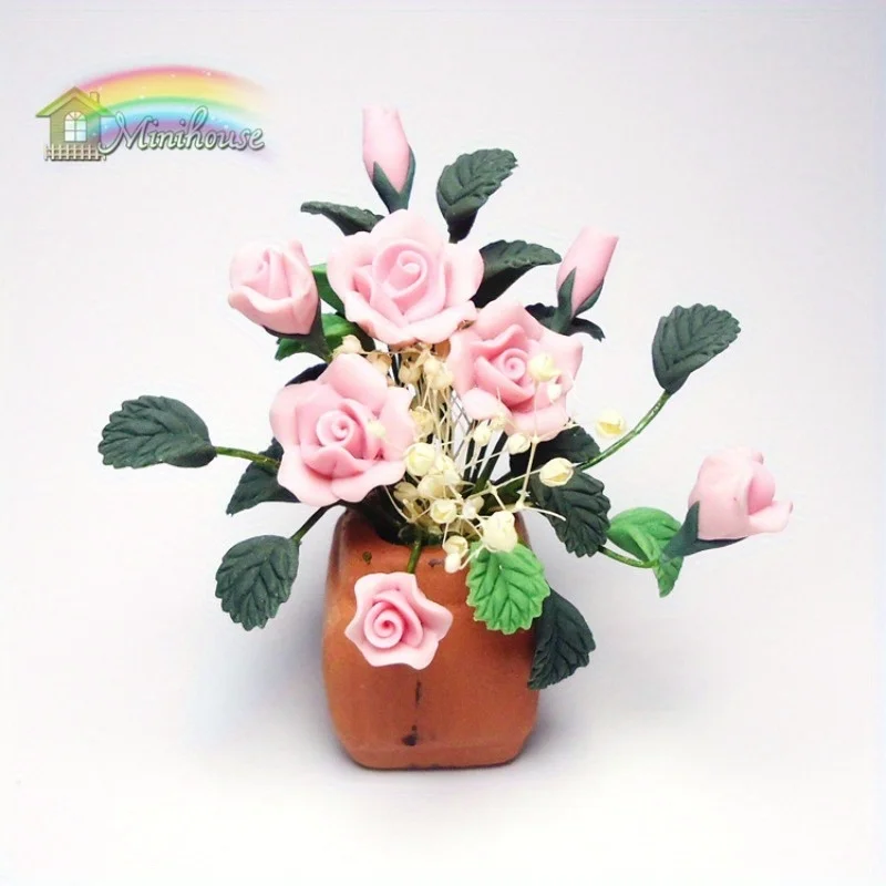 1/12 Mini Clay Rose Potted Plant Miniature Simulation Flower Accessories Model for House Decoration Micro Landscape