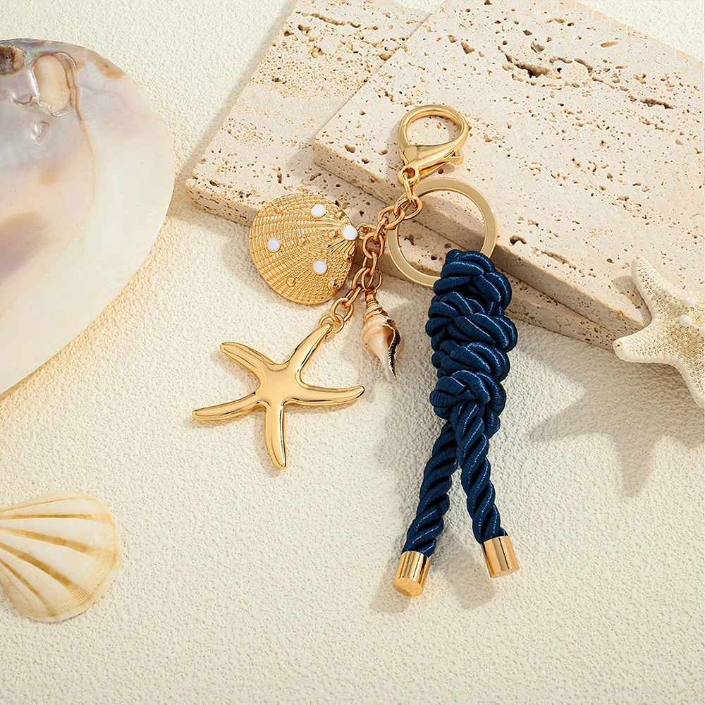 Starfish Gold Bag Charm Keychain for Women Beach Ocean Shell Braided Rope Purse Charms Fashion Bags Handbag Pendant Accessories