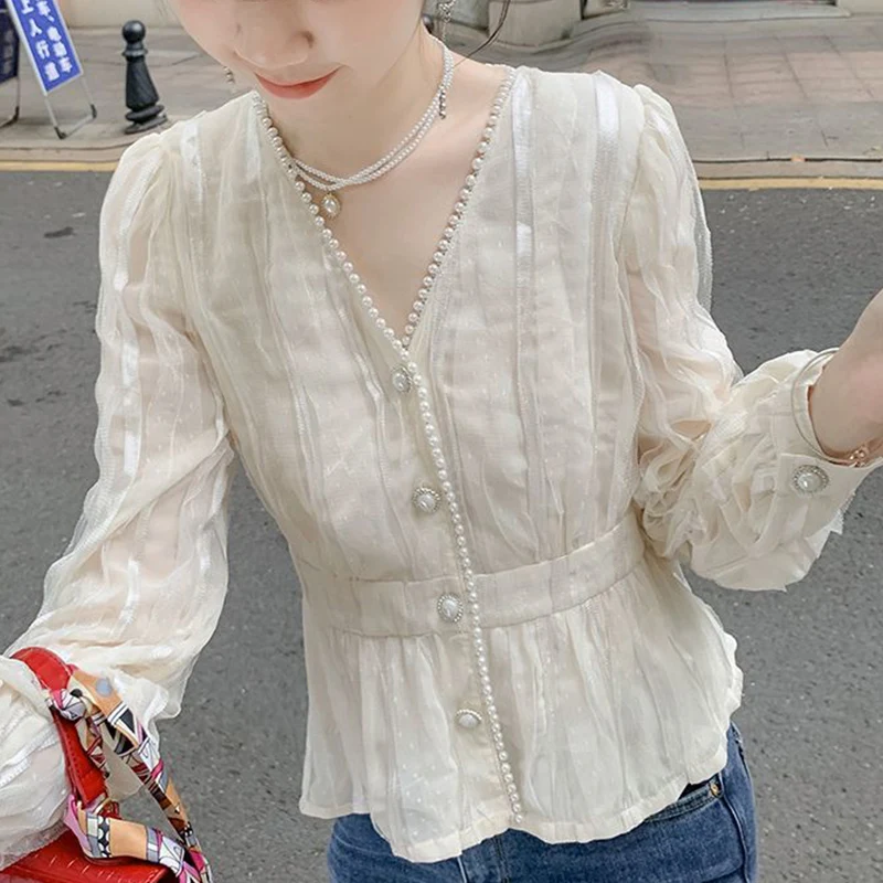 Spring Summer V-neck Beading Waist Shirt Ladies Long Sleeve Buttons Cardigans Female Elegant Fashion Chiffon Blouse Tops Women