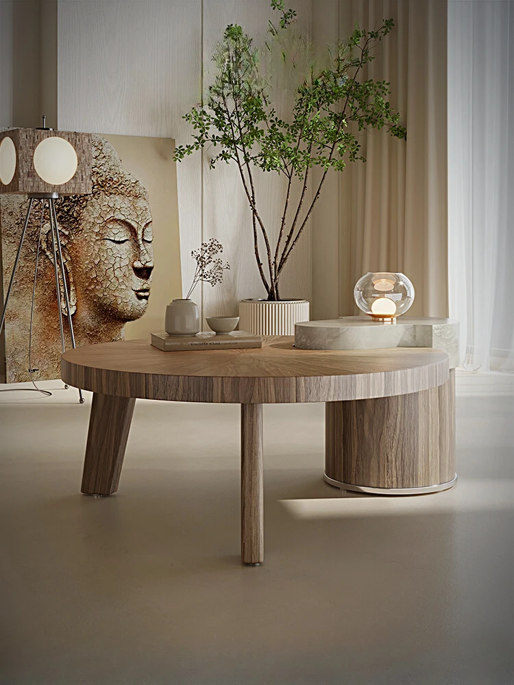 

French Style Chinese Style Smoked Wood round Tea Table Modern Minimalist Living Room Creative Solid Wood Coffee Table