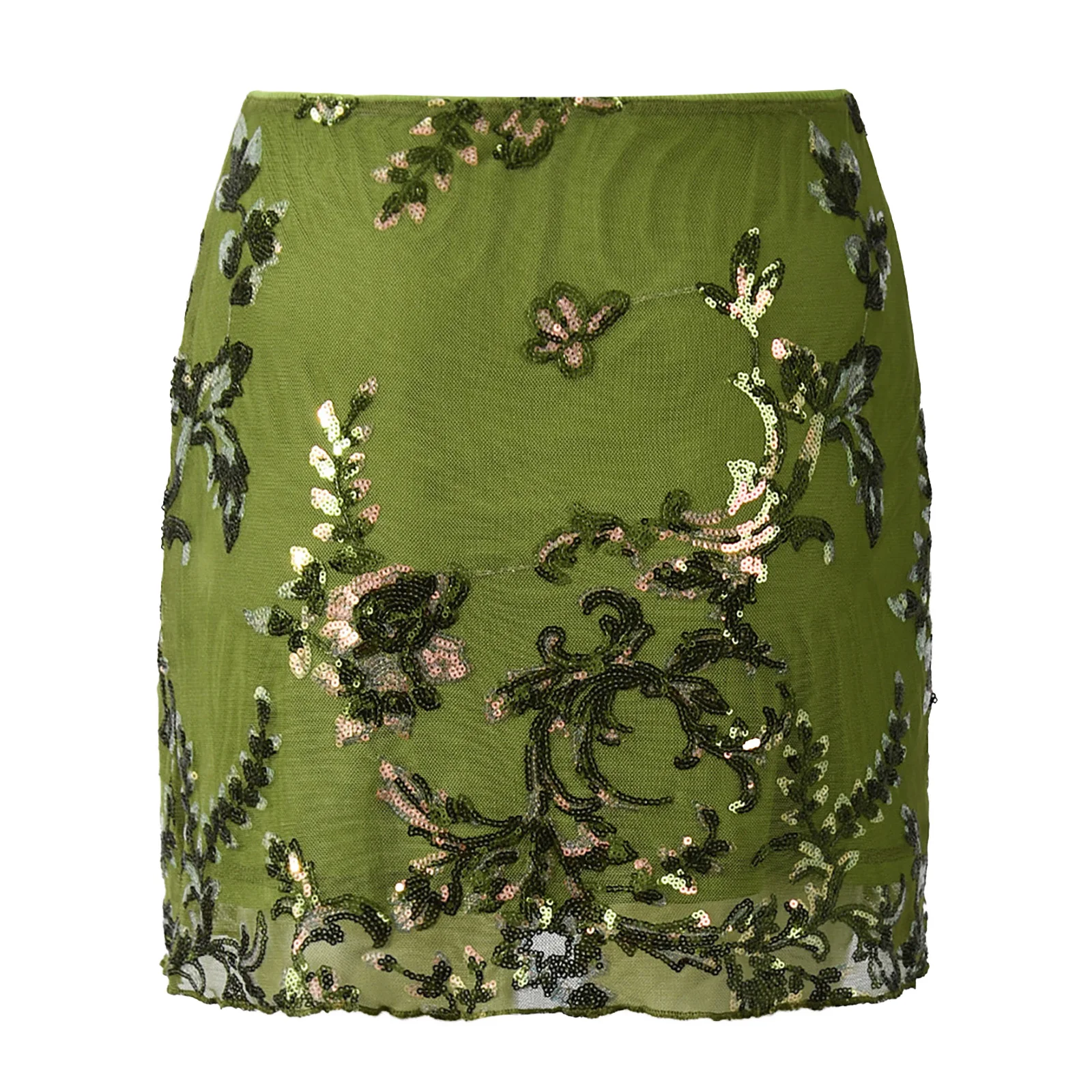 Kurzer Damen-Minirock mit glitzernden Pailletten, Blumenstickerei, durchsichtiges Netz mit blickdichtem, gefüttertem Rock, Rave-Party, Clubwear