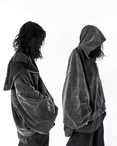 Gothic washed embroidered men hoodie retro hip-hop Y2k zipper hoodie fashionable street pure cotton overweight couple sportswear