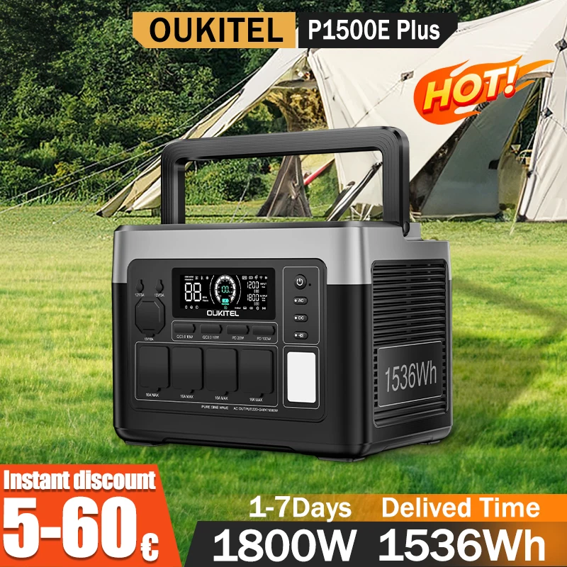 Station d'alimentation portable OUKITEL P1500E Plus, puissance de sortie 1800W, capacité 1536Wh, batterie LiFePO4, pour la famille, le camping en plein air, alimentation de secours