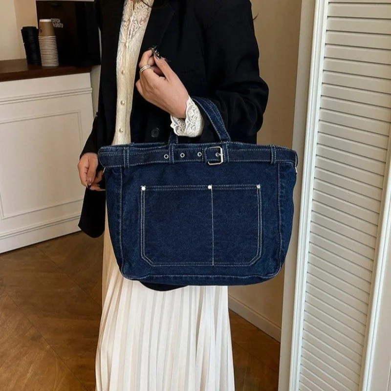 Multi-color Denim Shoulder Tote Bag with Front Pocket, Casual Style for Work Office Daily Commuting Shopping Travel Hand Bag