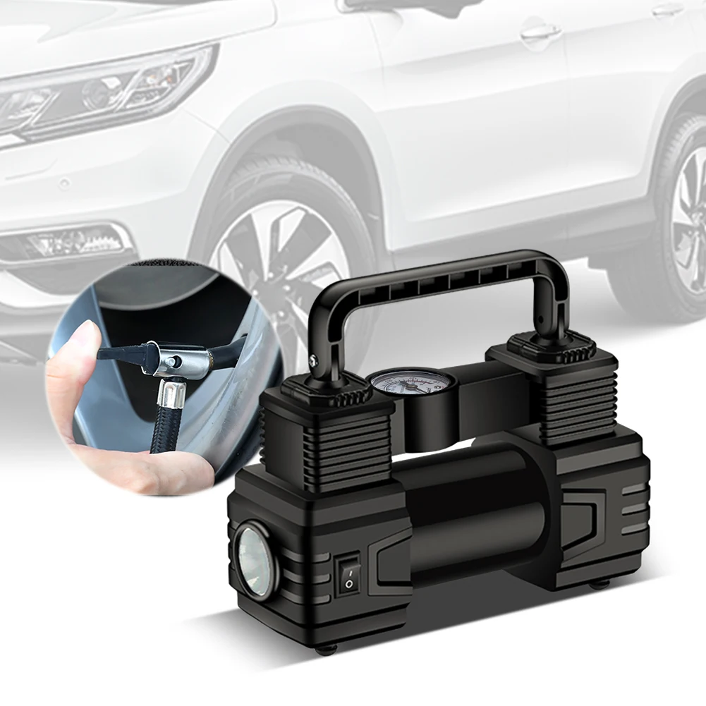 12V 150PSI電動タイヤインフレータ、デュアルシリンダー、ヘビーデューティーデラックスポータブルメタルエアコンプレッサー（LEDライト付き）、車用タイヤインフレータ