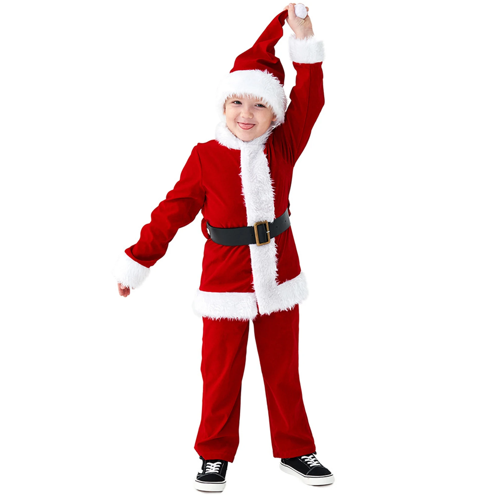 Volwassen Kinderen Rood Deluxe Fluwelen Fancy Set Xmas Party Man Familie Kostuum Santa Claus Klassieke Outfits Kerst