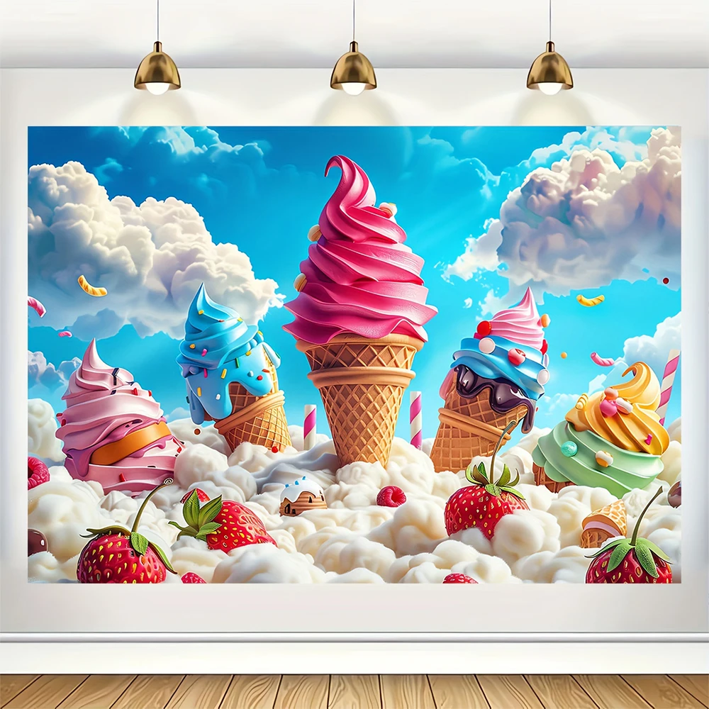 Sweet Ice Cream Theme Backdrop Dessert Lollipop Rainbow Photography Background Girl\'s Birthday Party Cake Table Decor Banner