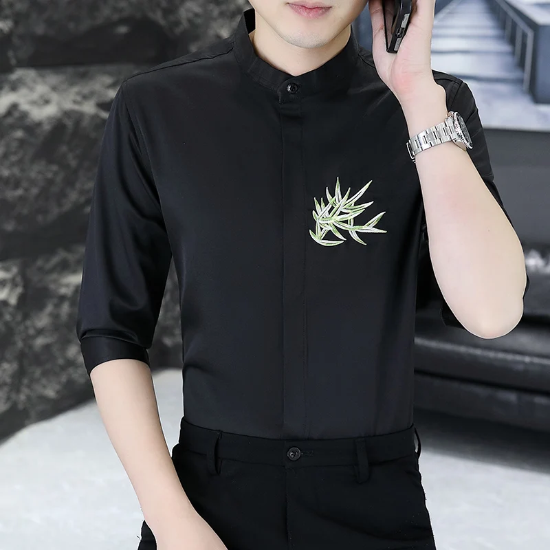 

New Chinese Sle Slim Fit irt Summer Bamboo Embroidery mid Sve ort Sve Breathable Faionable Men's irt