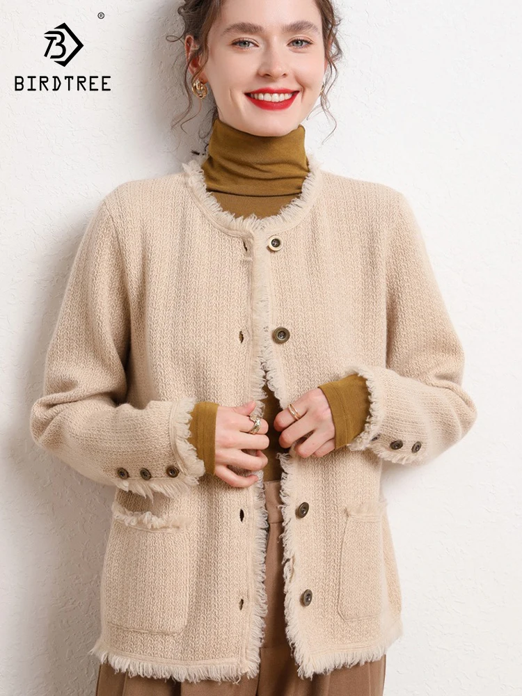 

Birdtree 30% Cashmere 70% Wool Cardigan Women's Round Neck Autumn New Pocket Long Sleeved Tassel Knitted Sweater Jacket T30771QC