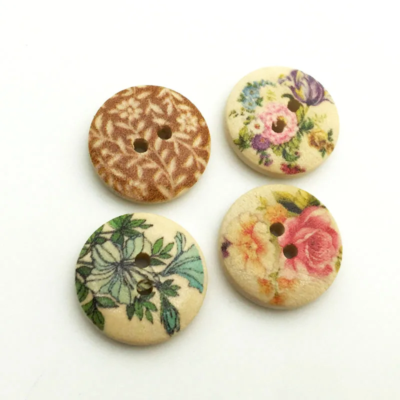 50PCS/Lot 18mm Mixed Flowers Pattern 2-holes Round Wooden Buttons For Sewing Clothing Scrapbooking Crafts Home Decor  QTG063