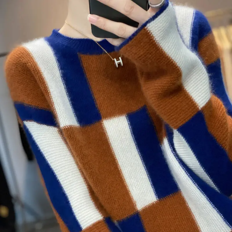 2023 autunno inverno Casual geometrico Patchwork maglioni abbigliamento donna moda colori a contrasto girocollo maglioni lavorati a maglia