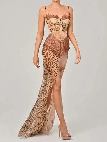 Imagen 1 del producto Blifanbo-Vestido largo sexi de encaje con estampado de leopardo para mujer, vestido elegante sin mangas de gasa con retazos y espalda descubierta para playa y noche
