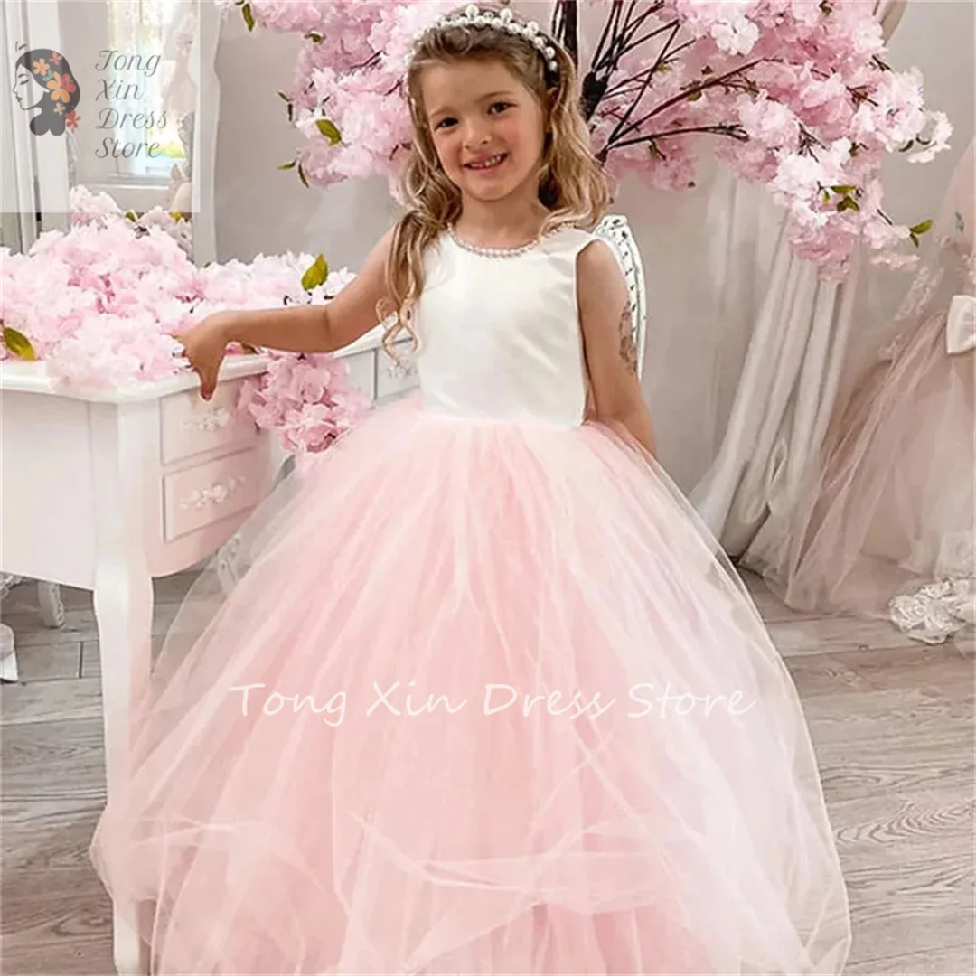 

Gown Wedding Flower Girl Dresses Toddlers With Bow Full Sleeves Golden Lace Pageant Dress Sparkly First Communion Gowns