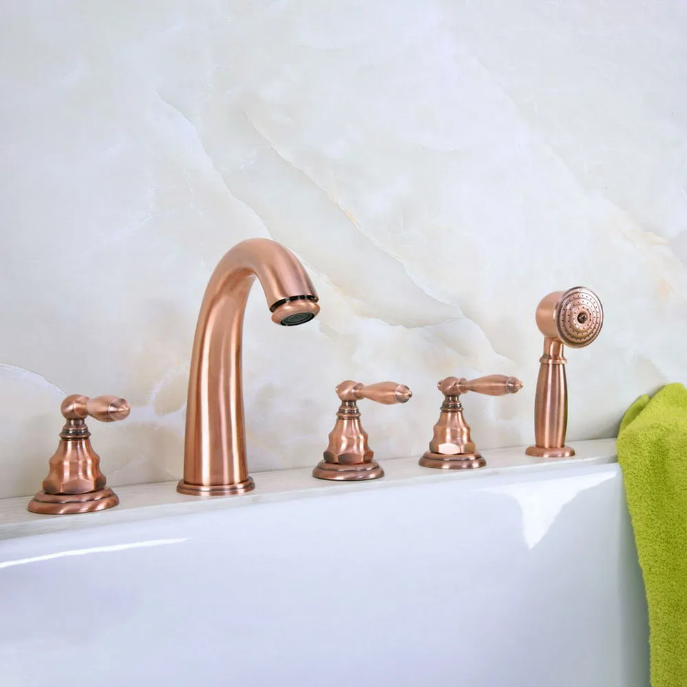 

Bathtub Shower Faucets Antique Red Copper 5 hole Basin Sink Taps Three Handle Control with Hand Shower Ntf235