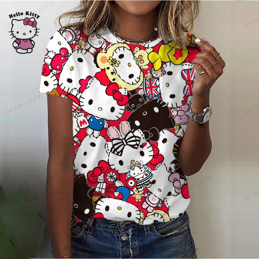 2023 New Summer Women Hello Kitty Print T Shirt Street Casual Loose T Shirts Ladies O-Neck Cartoon Print Tee Top