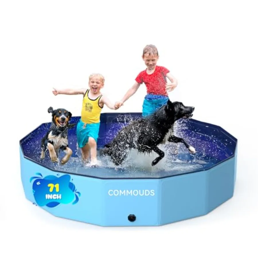 Foldable Dog Pool for outdoor use, hard plastic material, blue color, collapsible and portable design with 71inch.D x 12inch.H