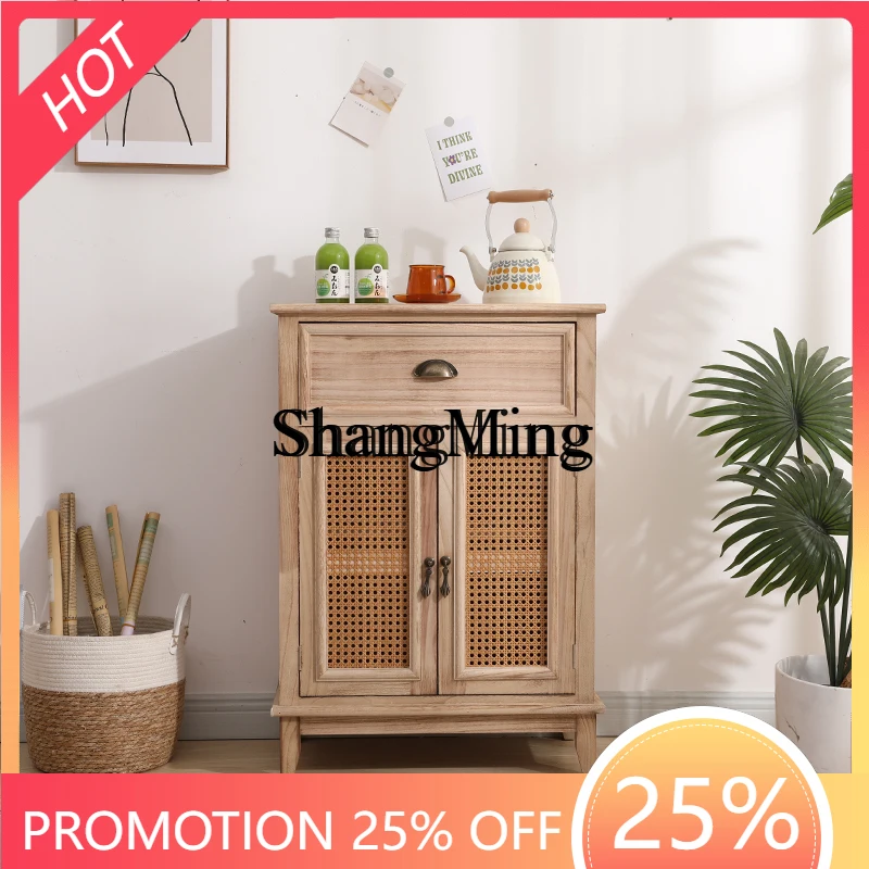 FG  good-looking new Chinese rattan dining side cabinet breathable solid wood retro meal preparation painted porch locker