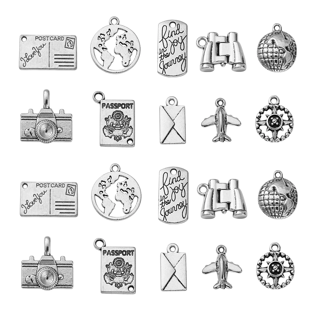 

100pcs Tibetan Passport Charms Style Camera Globe Airplane Alloy Tibetan Travel Charms for Jewelry Making Bracelets Necklace