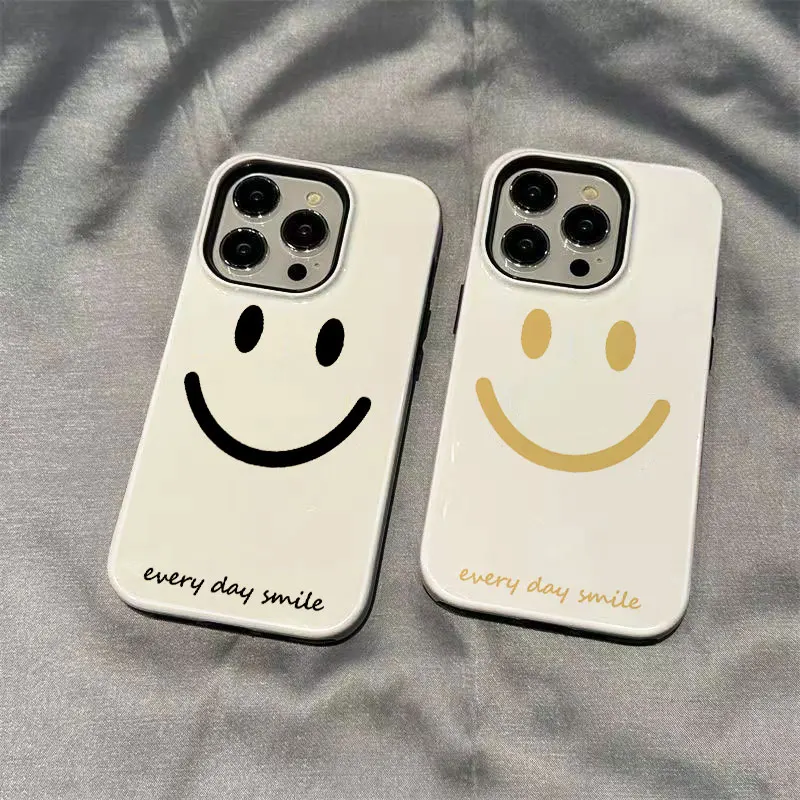 

2 In 1 Phone Case for iPhone 15 14 11 13 12 11 Pro Max Plus Hard PC Cover Funda Silicone Inner Layer Coque Smile Face