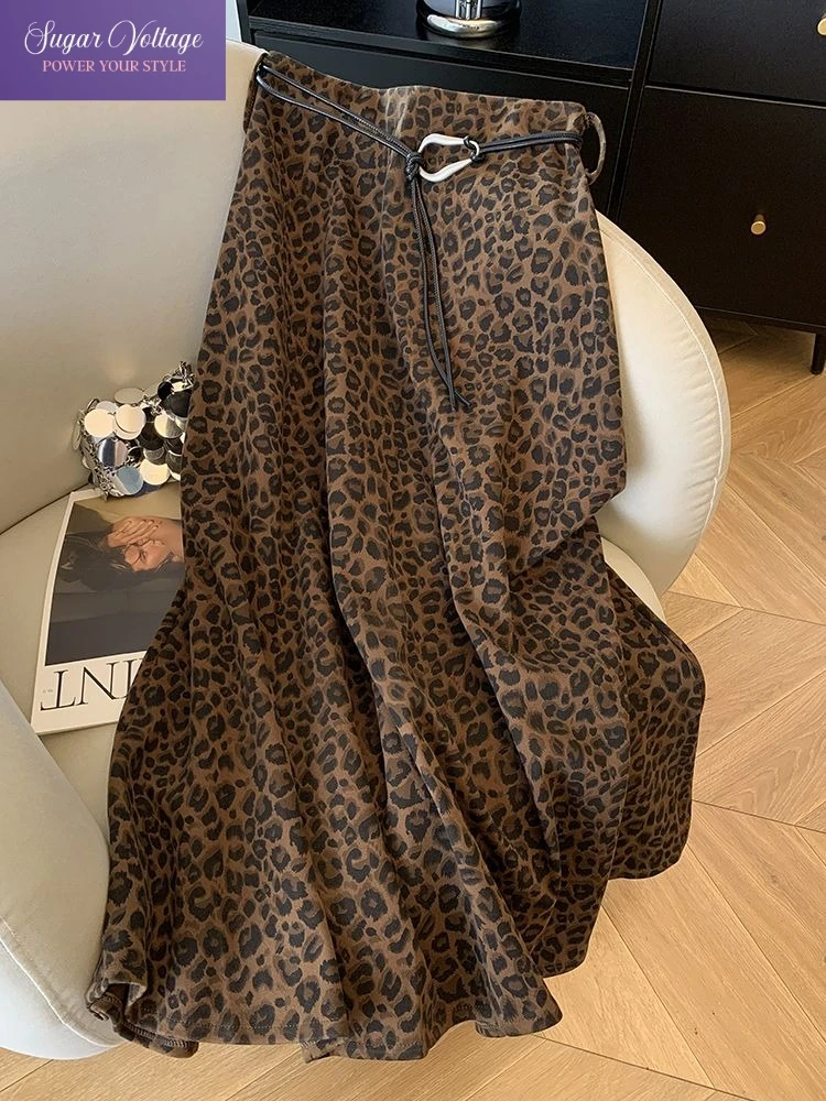 

Autumn New Vintage Elegant Y2k Skirts Women Slim High Waist Leopard Print Belt A-Line Skirts Retro Casual Korean Fashion Skirts