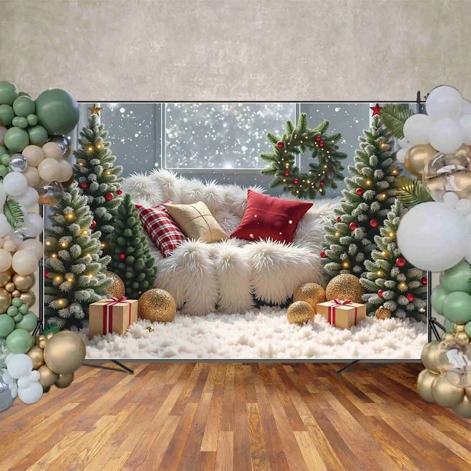 MOON.QG 2024 크리스마스 사진 배경 방, 새해 크리스마스 트리 포토존 배경, 어린이 스튜디오 포토부스 용품