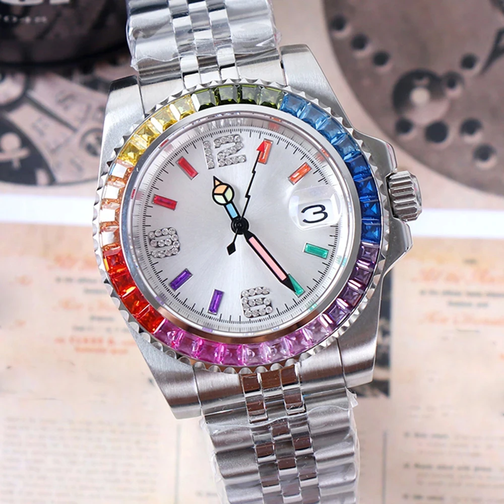 

NH35 Sapphire Glass Rhinestone Artificial Diamond Watch Case 41mm, 3D Rainbow Nails Watch Dial 28.5mm, for NH35 NH36 Movement