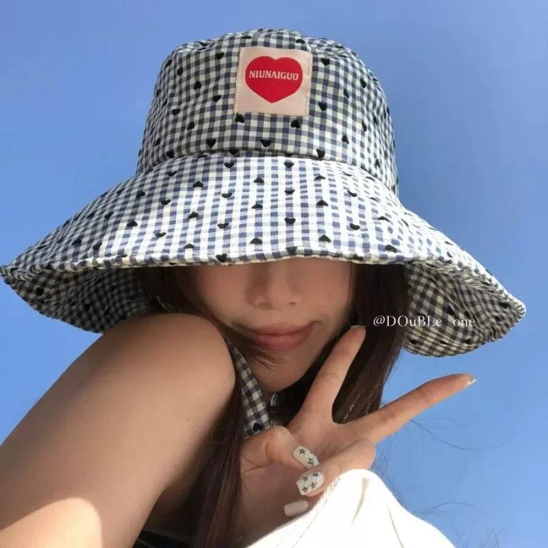 

Women's Summer Plaid Fisherman Hat Sweet Outdoor UV Resistant Foldable Large Brim Sun Protection Hat