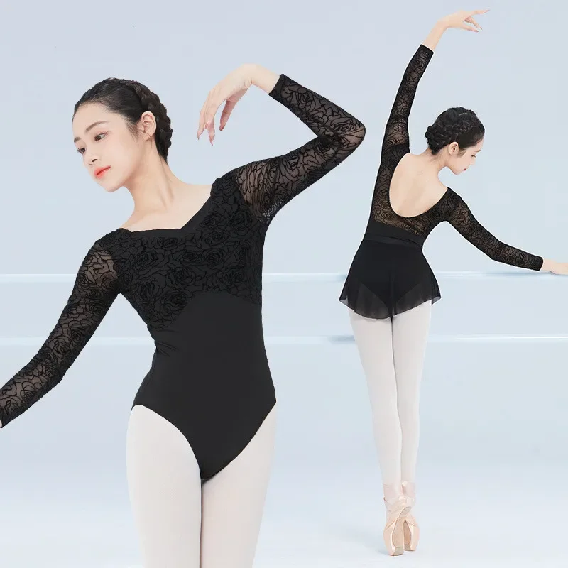 Women Ballet Leotards Backless Short Long Sleeve Mesh Embroidery Patckwork Leotard Adult Girl Skate Pole Dance Bodysuit Swimweat