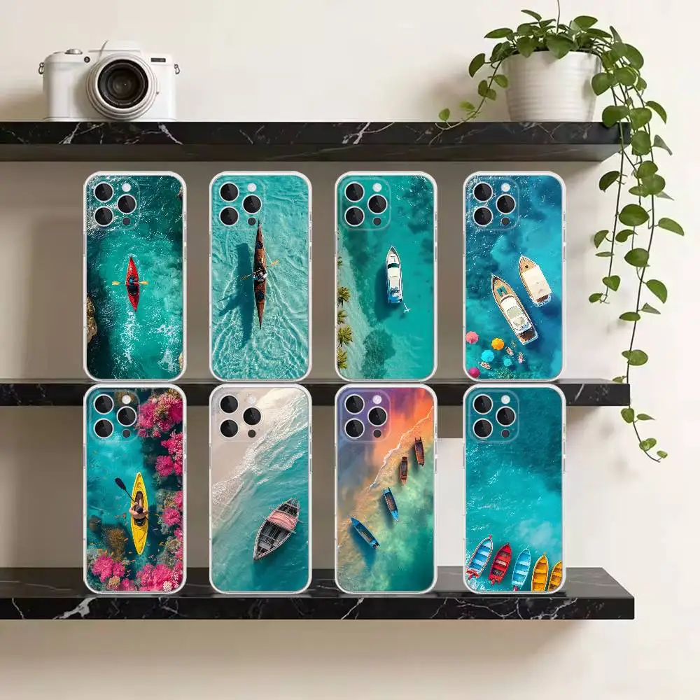 Trendy Drone Shot Sea Boat Phone Case For iPhone 17 Air 11 12 13 14 15 16 Pro Max Plus XS X XR Silicone Soft Cover