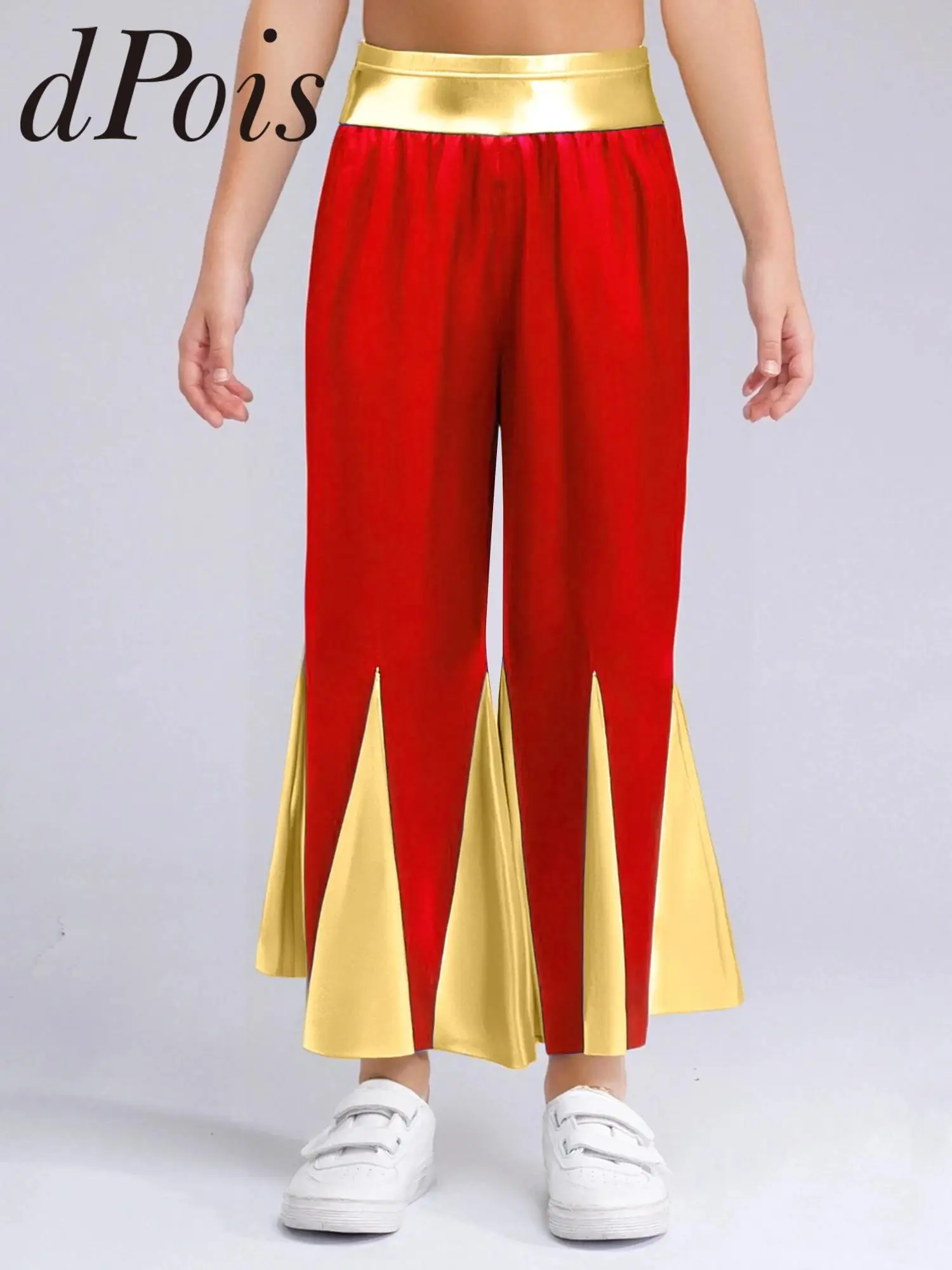 

Детские брюки для литургических танцев для девочек, костюм для поклонения церковного хора, брюки-клеш с металлическими цветными блоками, брюки