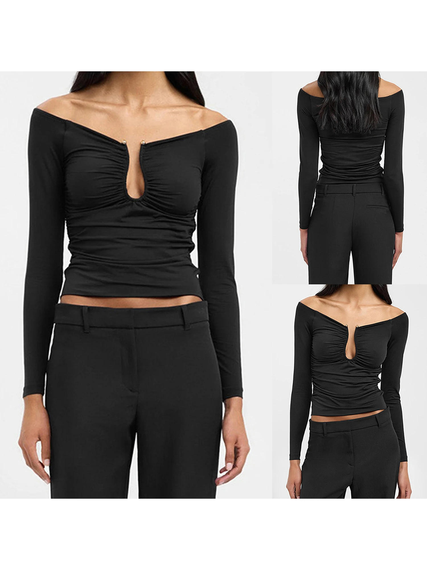 

Elegant Off Shoulder Crop Tops with Chic Water Drop Collar and Long Sleeves in Solid Color for Autumn Fashionistas
