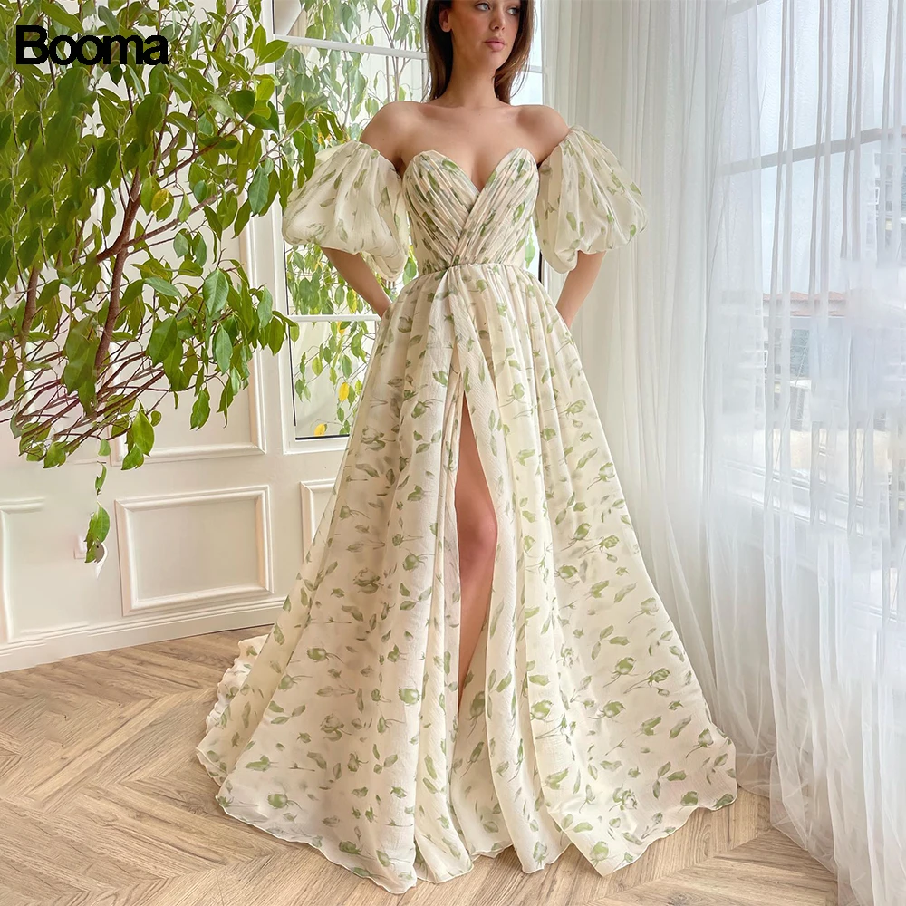 

Booma A Line Flower Print Prom Dresses Short Puff Sleeves Sweetheart Evening Party Gowns Leg Slit Formal Occasion Dresses Dubai