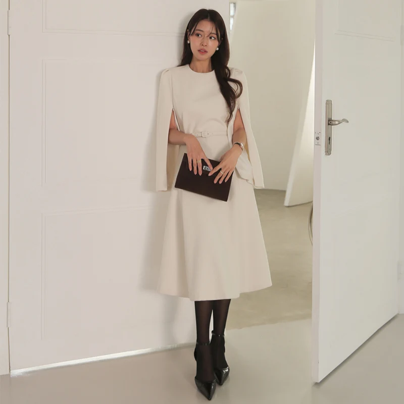 

Ele Chic Woolen Cloak Dr Slim Mid-Length Korean Sle Dr with Belt Long Sve round Ne X-ape Pure Color Gown