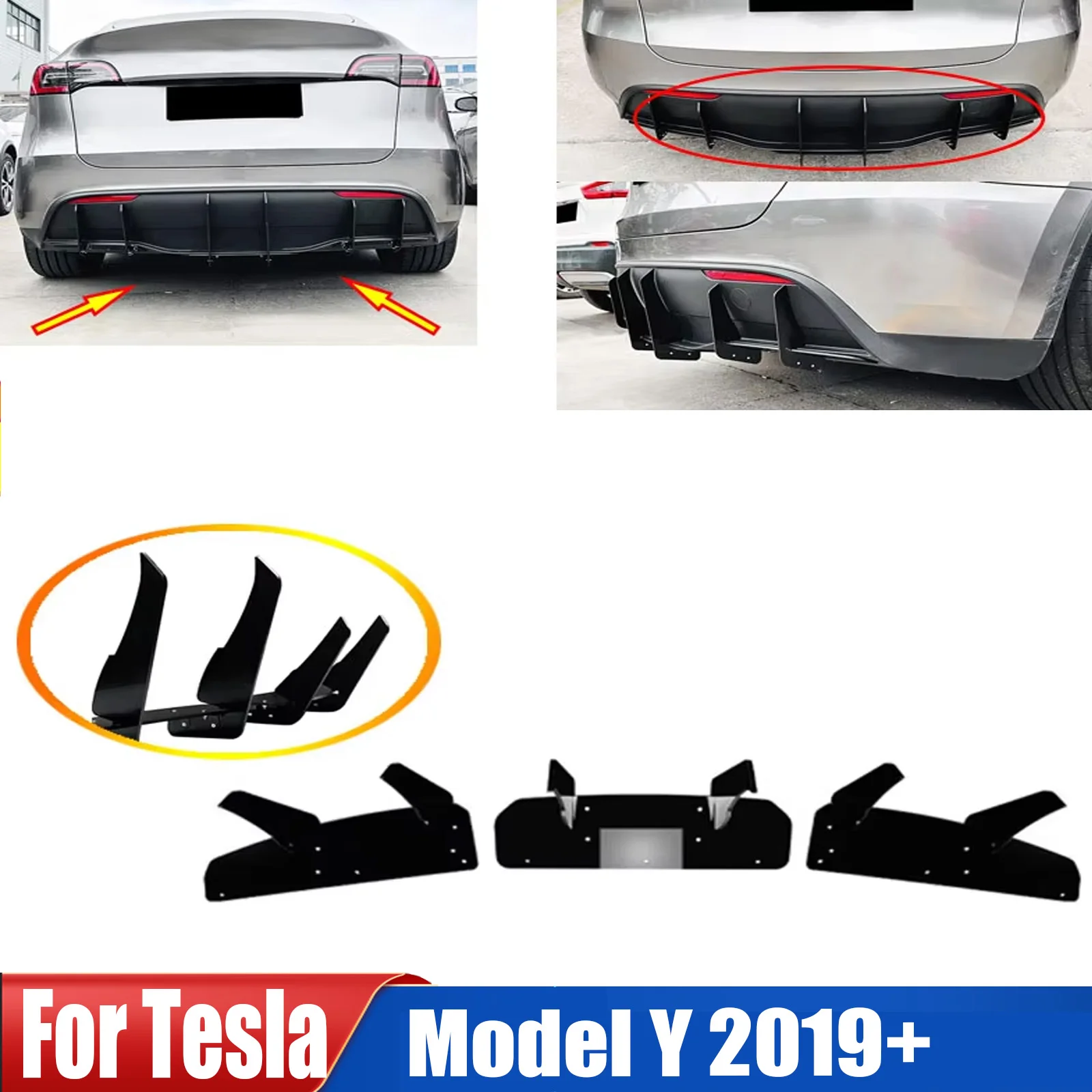 

Диффузор заднего бампера для Tesla Model Y 2019+, нижний спойлер, разделительная пластина, наклейка на нож ветра, ремонт автозапчастей, комплект кузова, отделка