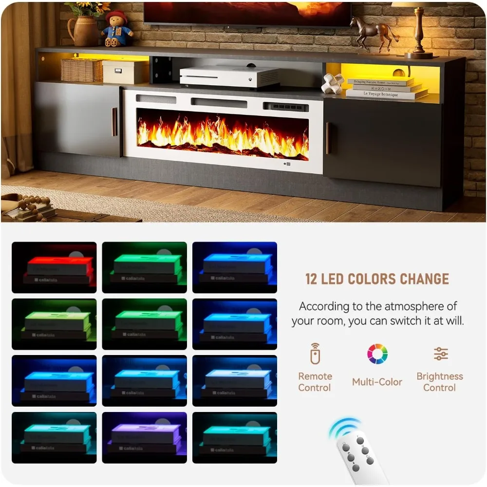 78 Fireplace TV Stand with Power Outlet for TVs UP to 90, Electric Fireplace Entertainment Center with LED Lights & Storage