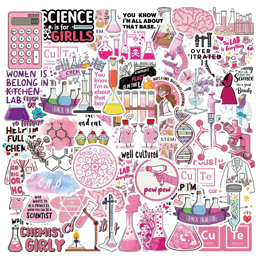 10/30/50pcs Cute Pink Science Lab Chemical Reagent Sticker Decals DIY Water Bottle Phone Suitcase Cartoon Creative Sticker Decor