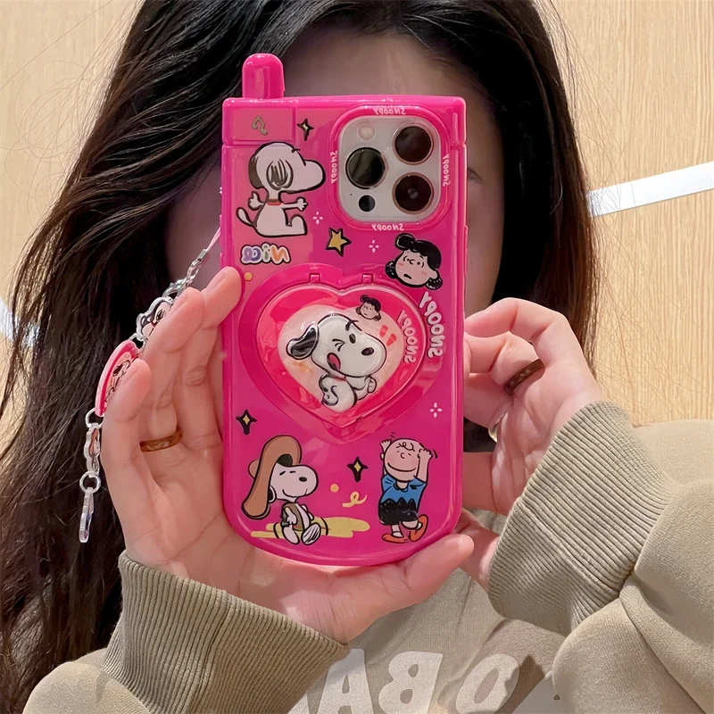 Cute Cartoon Peanuts Snoopy Charlie Brown Phone Case For iPhone 15 Pro 14 13 12 11 Pro Max Hide Makeup Mirrors Soft TPU Cover