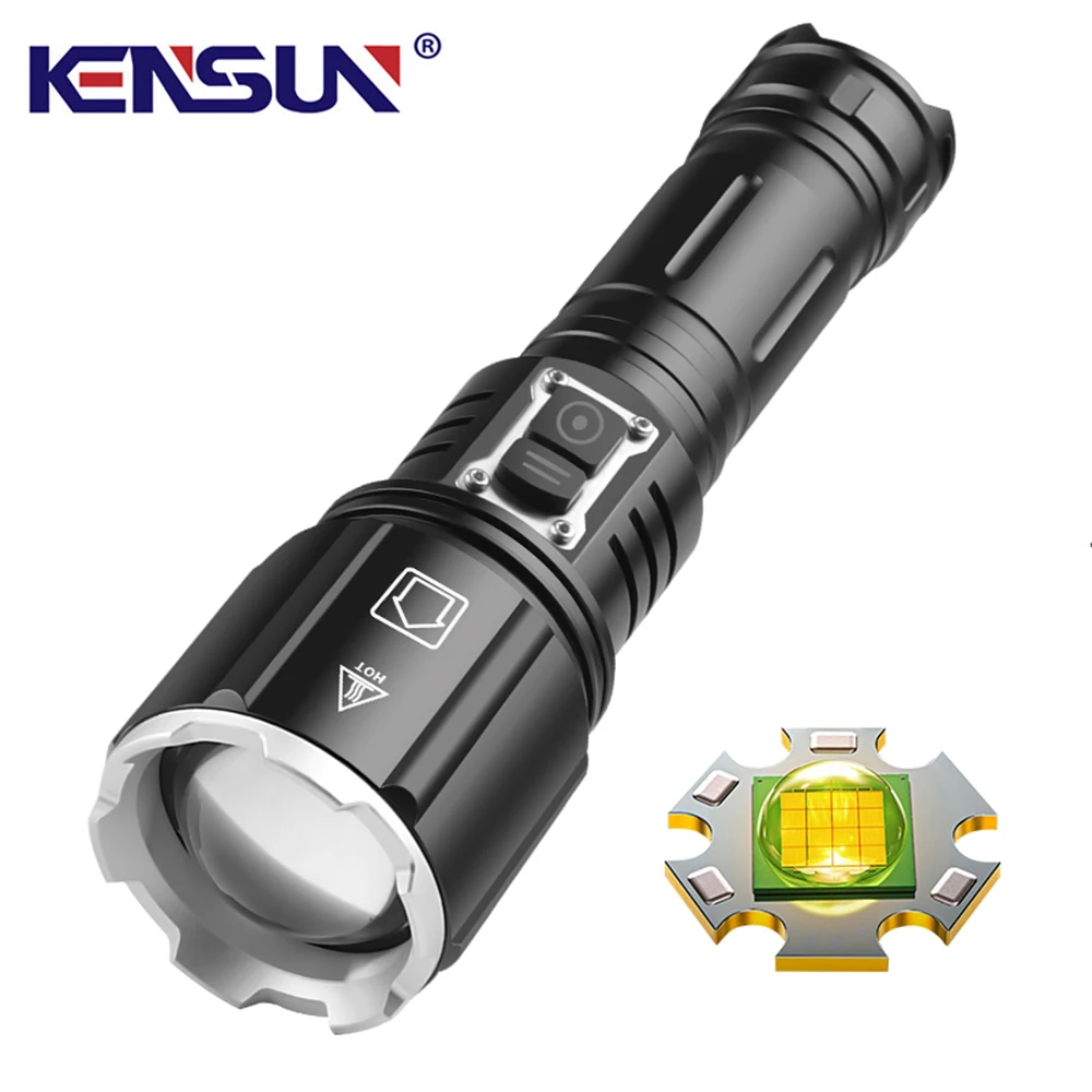 KENSUN High Power XHP160 LED Flashlight TYPE-C USB Rechargeable Zoom Torch Strong Light Lamp Lantern For Outdoor Camping Hiking