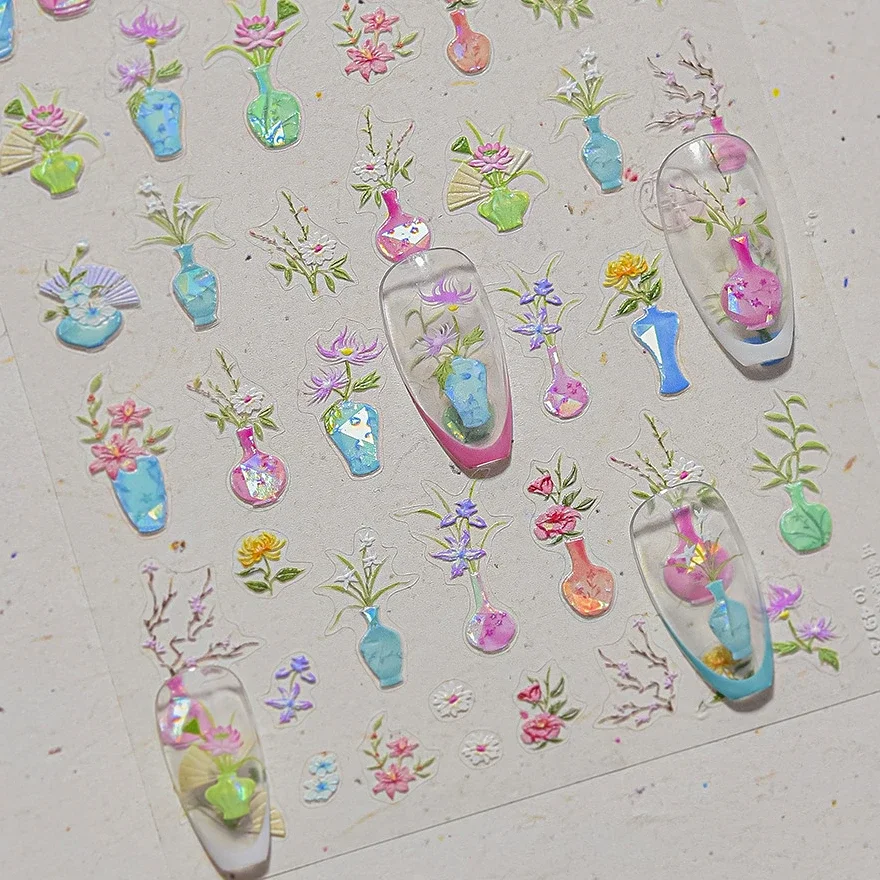 

Floral Art Orchid Daisy Lotus Flower Vase Chrysanthemum Peach Blossom Fan Wintersweet Adhesive Nail Art Stickers Manicure Decals
